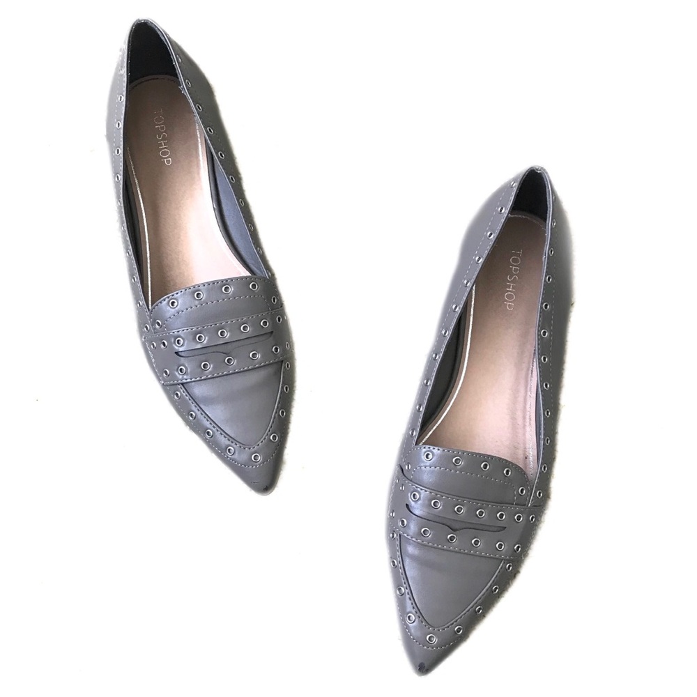TOPSHOP Gray Studded Pointed Toe Loafer Flats